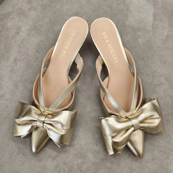 Jack Rogers Dress Mule 9 Gold Champagne Leather Cynthia Bow Kitten Heel Metallic - Picture 6 of 16